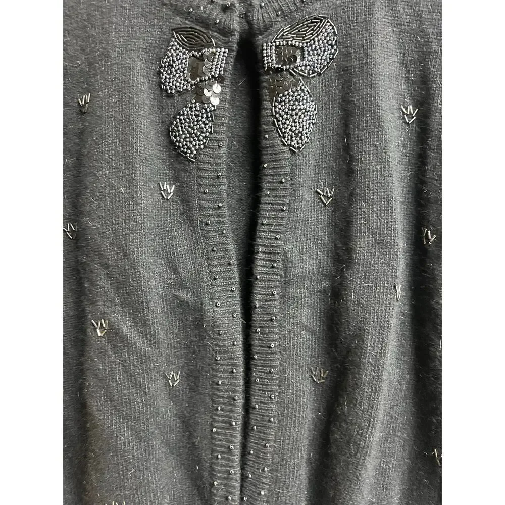Potomac Collection Embellished Sweater Cardigan Black Bow Shoulder Pads Vintage